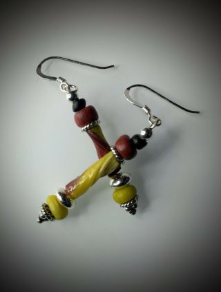 Ancient Roman Yellow & Terracotta Glass Bead Earrings Sterling Silver Wires