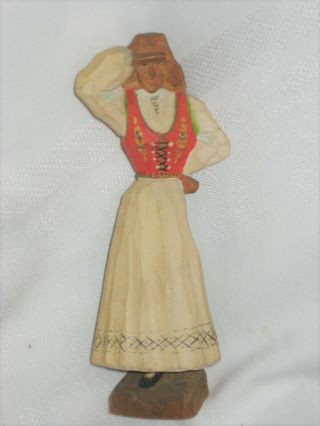Vintage Hand Carved Wood Figure Woman Looking In Distance Norway Folklore