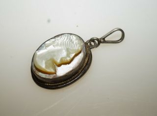 Tiny Antique Hand Carved Shell Cameo Lady Woman 800 Silver Charm Pendant 3/4 "