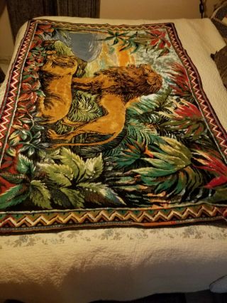 Vintage Velvet Lions Tapestry Wall Hanging Rug Bright Colors 67 Long 46 Tall