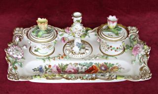 Antique Chamberlain Worcester Inkstand Flower - Encrusted & Painted Flowers C1846