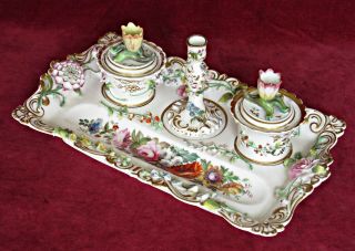 ANTIQUE CHAMBERLAIN WORCESTER INKSTAND FLOWER - ENCRUSTED & PAINTED FLOWERS C1846 2