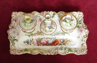 ANTIQUE CHAMBERLAIN WORCESTER INKSTAND FLOWER - ENCRUSTED & PAINTED FLOWERS C1846 3