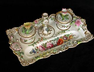 ANTIQUE CHAMBERLAIN WORCESTER INKSTAND FLOWER - ENCRUSTED & PAINTED FLOWERS C1846 4
