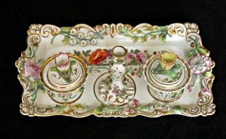 ANTIQUE CHAMBERLAIN WORCESTER INKSTAND FLOWER - ENCRUSTED & PAINTED FLOWERS C1846 5