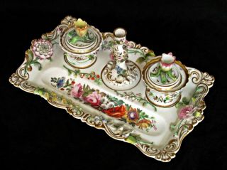 ANTIQUE CHAMBERLAIN WORCESTER INKSTAND FLOWER - ENCRUSTED & PAINTED FLOWERS C1846 7