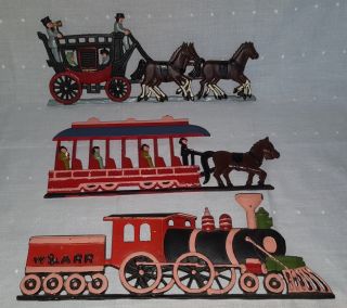 Vintage Train Horse Drawn Stage & Coach Trolley Cast Iron Wall Plaque Set