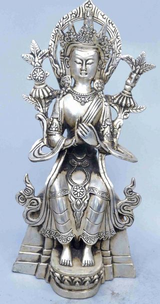 Collectable China Handwork Miao Silver Carve Lotus Buddha Buddhism Noble Statue