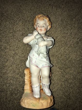 Antique Heubach? German Piano Baby Bisque Figurine Boy Girl W/bunny Rabbit 13”