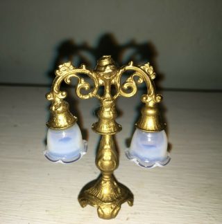 Dollhouse Miniature Gilded Metal Candelabra Non Electric Lamp With Glass Shades