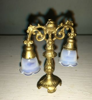Dollhouse Miniature Gilded Metal Candelabra Non Electric Lamp with Glass Shades 5