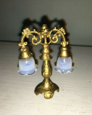 Dollhouse Miniature Gilded Metal Candelabra Non Electric Lamp with Glass Shades 7