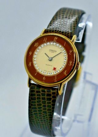 Vintage Ladies Orion Swiss Made Quartz Watch,  Mystery Dial,  Red,  Crystals