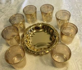 Set Of 8 Vintage Gold Striped 4 Ounce Cocktail Glass With Gold Rim & Bonus