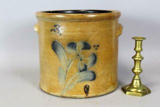 Rare 19th C " J Fisher,  Lyons,  Ny " Blue Floral Decorated Stoneware 3 Gal Crock