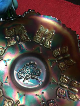 Antique Fenton Butterfly Carnival Glass Bon Bon Bowl Dish 2 Handles Green 3