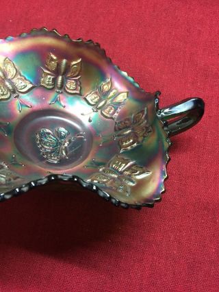 Antique Fenton Butterfly Carnival Glass Bon Bon Bowl Dish 2 Handles Green 4