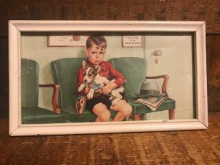 Vintage Framed Art Print 1950s Little Boy Puppy Dog Waiting Room Anxious Moments
