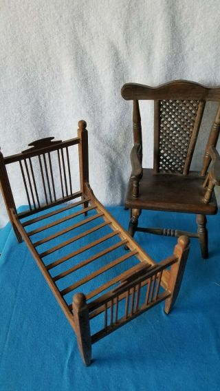 Vintage Wooden 4 Poster Doll Bed Signed 1932 And Chair