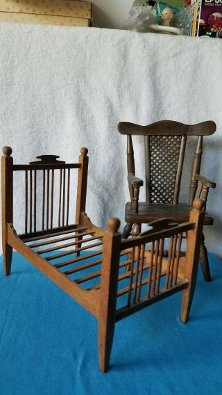 Vintage Wooden 4 Poster Doll Bed Signed 1932 and Chair 2