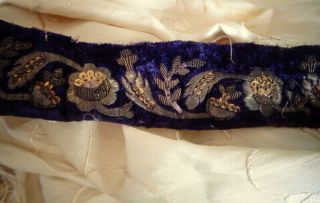 Circa 19th Century Hand Embroidered Metallic Boullion Flowers Vine Silk Velvet