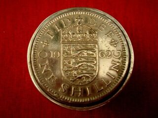Solid Sterling Silver Hallmarked Shilling English 1962 Coin Snuff Pill Box