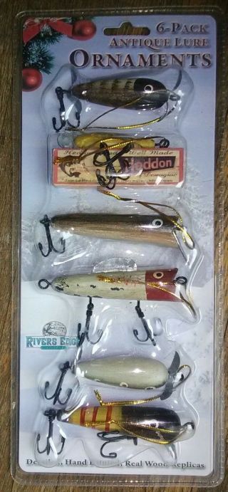 Antique Fishing Lures Christmas Ornaments Set Of 6 Wooden Rivers Edge Nip