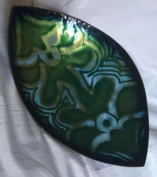 Vintage Enamel On Copper Dish Mid Century Modern Green And Blue Oval Bowl