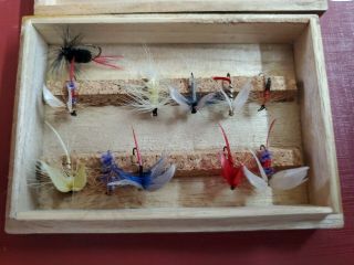 11 Vintage Flies Fly Fishing Lures In Wood Best Made Japan Wooden Box 2