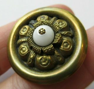 Gorgeous Antique Vtg Victorian Metal Button W/ White Glass Top 1 - 1/8 " (l)