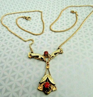 Antique 14k Yellow Gold Filled Victorian Lavaliere Drop Necklace W Red Crystals
