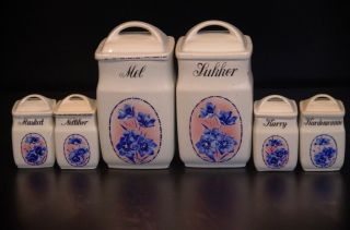 Antique 12 Pc Norwegian Porcelain Canister Set - - Sugar Flour Nutmeg Curry Cloves