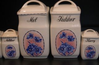 Antique 12 Pc Norwegian Porcelain Canister Set - - Sugar Flour Nutmeg Curry Cloves 2
