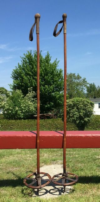 Antique Bamboo Ski Poles 53 " Snow Skis W/ Leather Baskets,  Double Bamboo Rings
