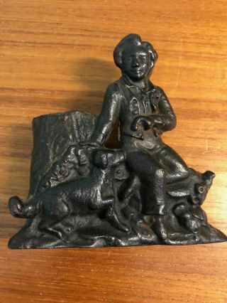 Antique Cast Iron Match Toothpick Ink Holder Colonial Boy & Dog
