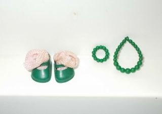 1950s Vogue Ginny Doll Green Vinyl Shoes,  Bracelet,  Necklace & Pink Socks