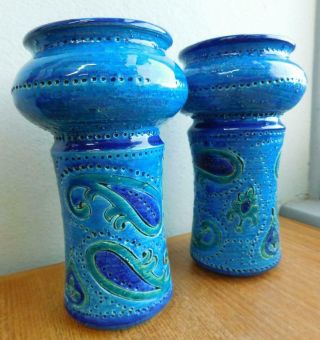 Rare Bitossi Italian Art Pottery Candle Holder Pair Rimini Blue 1960s
