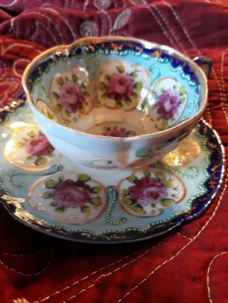 China Teacup And Saucer Pink Flower With Multicolored Trim