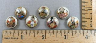 Set Of 7 Satsuma Painted Porcelain Buttons,  Asian Gods,  Early To Mid 1900s