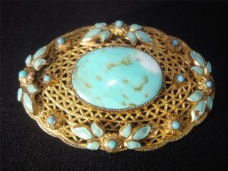 Antique,  Vtg.  Chinese Export,  Large Brooch,  Silver,  Vermeil,  Turquoise,  Enamel Flowers