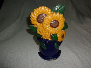 Vtg Cast Iron Door Stop Basket Vase Flowers Sunflower Floral Cobalt Blue Bottom