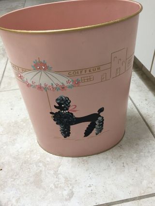 Vintage Wastebasket Metal French Poodle Ransburg Pink W/ Rhinestones Trashcan