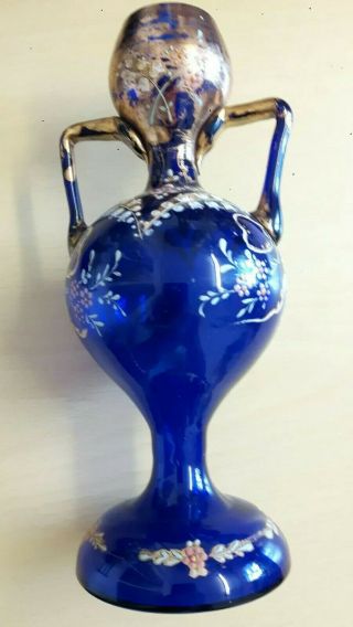 Vintage Antique Bohemian Blue Glass Vase Hand Painted Enamel And Gold