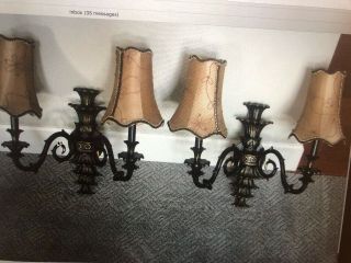 Ornate Antique Bronze Two - Bulb Candelabra Wall Sconces - Lamp Shade Gold Wall 2