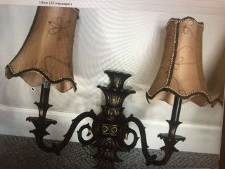 Ornate Antique Bronze Two - Bulb Candelabra Wall Sconces - Lamp Shade gold Wall 2 3