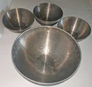 Vintage Large Aluminum Bowl With Floral Pattern And 4 Smaller Bowls