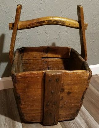 Antique Primitive Square Wooden Well/water? Chinese Rice? Bucket 22 " Tall