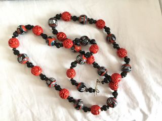 Vintage Chinese Porcelain Ball &carved Cinnabar Ball Necklace - 44cm
