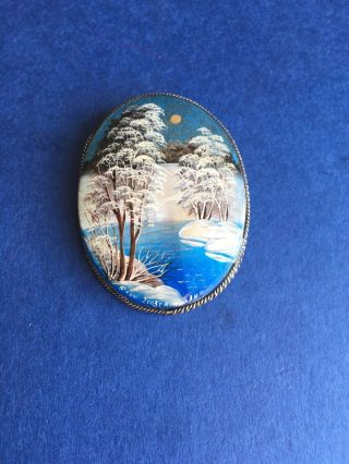 Brooch Antique/vintage Style Hand Painted Signed Snow Sceen