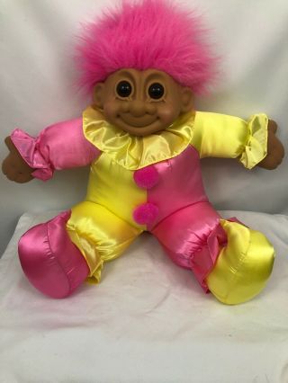 Vintage Russ Berrie Pink Yellow Jumbo Clown Jester Plush Troll Doll 24 "
